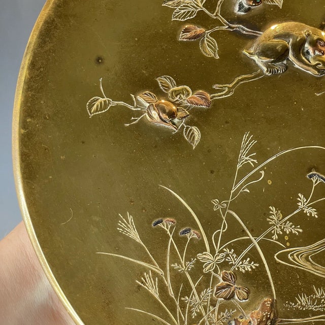 Fine Antique Meiji Japanese Mixed Metal Display Plate Charger Bronze Gilt Monkey For Sale - Image 10 of 13