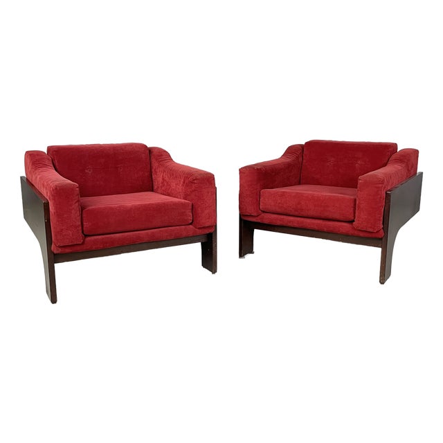 Set of Italian Modern Red Velvet and Wood Armchairs by Claudio Salocchi for Sormani, 1970s For Sale