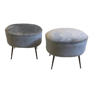 1950s Italian Mid-Century Modern Brass and Velvet Poufs - Set of Two For Sale