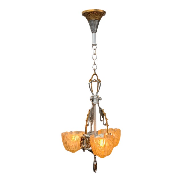 1930s Polished 3 Light Chandelier With Amber Shades #1924 by Lincoln For Sale
