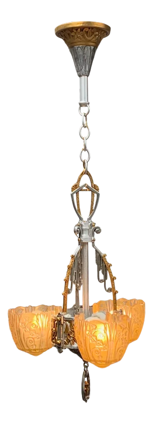 1930s Polished 3 Light Chandelier With Amber Shades #1924 by Lincoln