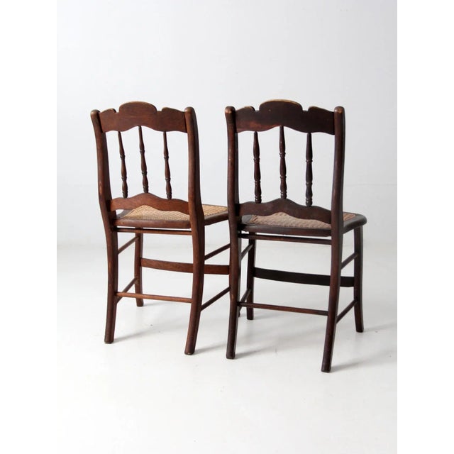 Wood Antique Caned Seat Chairs Pair For Sale - Image 7 of 11