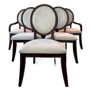 Late 20th Century French Oval Medallion Back Dining Chairs Dark Walnut Distressed Finish Neutral Upholstery - Set of Six 6 For Sale