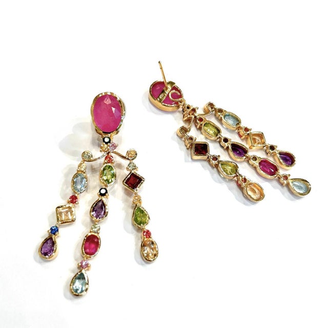 Bochic "Orient" Vintage Ruby & Multi gem Chandelier Earrings Set 18K Gold&Silver, A Pair For Sale - Image 11 of 18