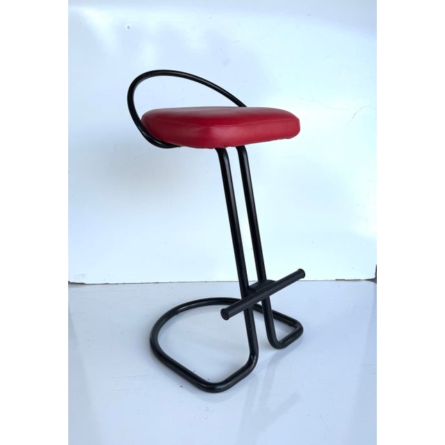 Available: Pair of Postmodern cantilever counter bar stools black metal vinyl seats