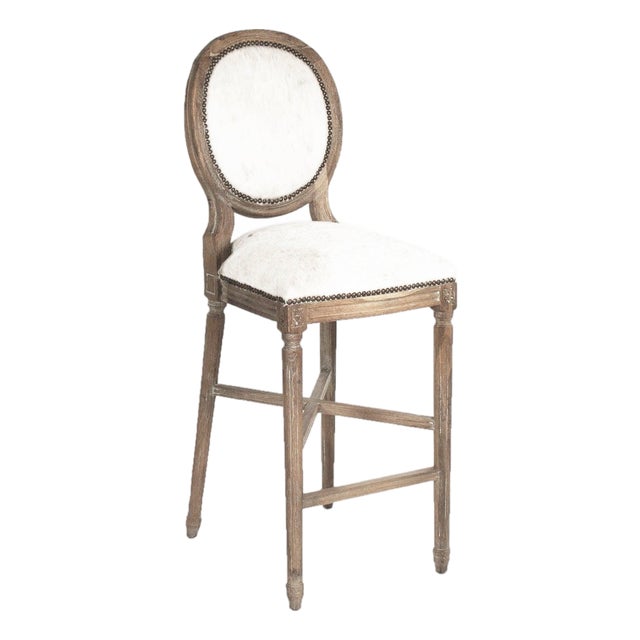 Medallion Louie Bar Stool - White Cowhide / Weathered Gray Frame For Sale