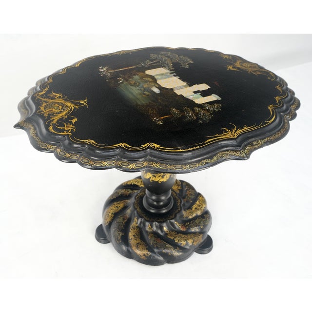 Early 20th Century English Papier-Mache Black Gold Mother of Pearl Antique c1900s Lamp Table Clean! For Sale - Image 5 of 13