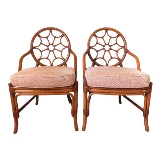 Pair David Francis Furniture Rattan Indoor Outdoor Patio Dining Chairs For Sale