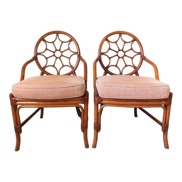 Pair David Francis Furniture Rattan Indoor Outdoor Patio Dining Chairs For Sale