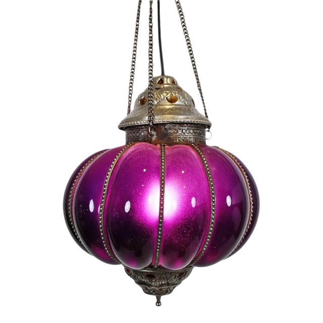 Vintage Indian glass pumpkin lantern. Traditional Rajasthani style colorful hanging lantern with nickel accents and purple...