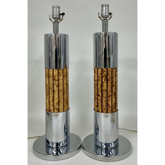 Pair of Modernist Polished Chrome and Cork Table Lamps For Sale - Image 9 of 12