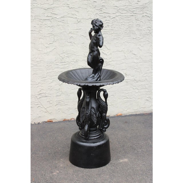 Black Mid 20th Century Neoclassical Style Cast Iron Cherub and Swan Garden Bird Bath For Sale - Image 8 of 13