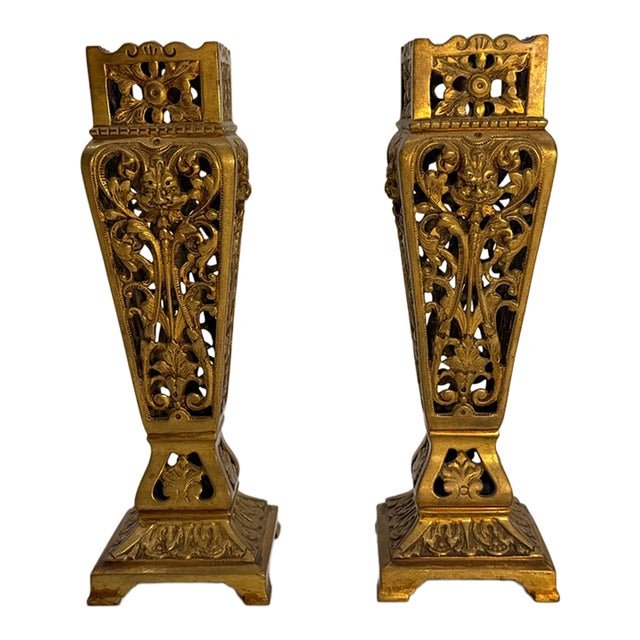 Pair of Ornate Gilt Brass Victorian-Style Candle Holders For Sale