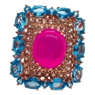 Bochic “Capri” Vintage Ruby & Blue Topaz Ring Set In 18K Gold & Silver For Sale