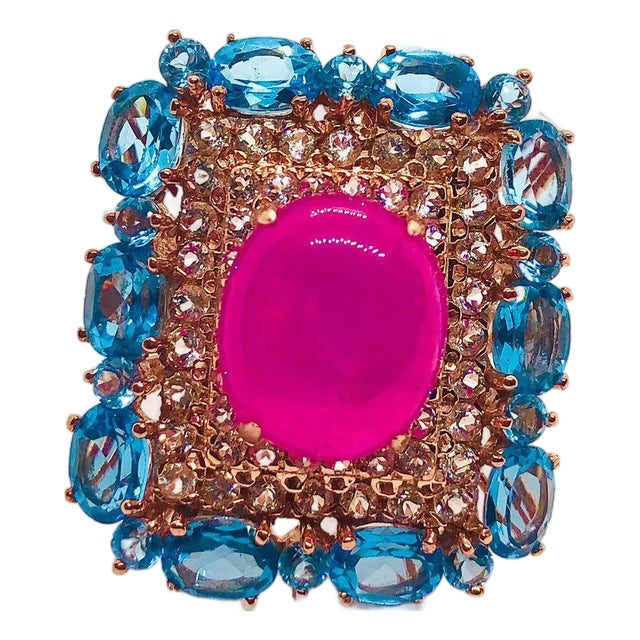 Bochic “Capri” Vintage Ruby & Blue Topaz Ring Set In 18K Gold & Silver For Sale
