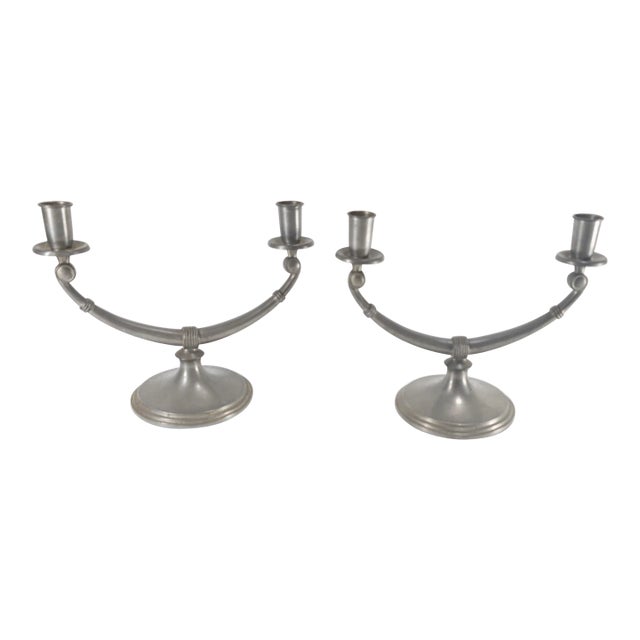 Mid-Century Modernist Art Deco Influenced Pewter Candelabra Candlesticks For Sale