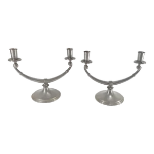Mid-Century Modernist Art Deco Influenced Pewter Candelabra Candlesticks