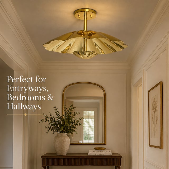 Brass Scallop Ceiling Light, Hollywood Regency Semi Flush Mount, Handmade Clam Shell Ceiling Lamp, Art Deco Gold Brass Fixture 28 Inch For Sale - Image 12 of 13