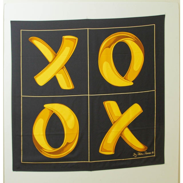 Late 20th Century Paloma Picasso "XOXO" Black and Gold Silk Scarf Italy For Sale - Image 5 of 12