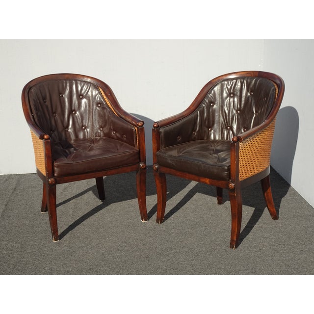 Pair Vintage Theodore Alexander Brown Tufted Leather and Double Cane