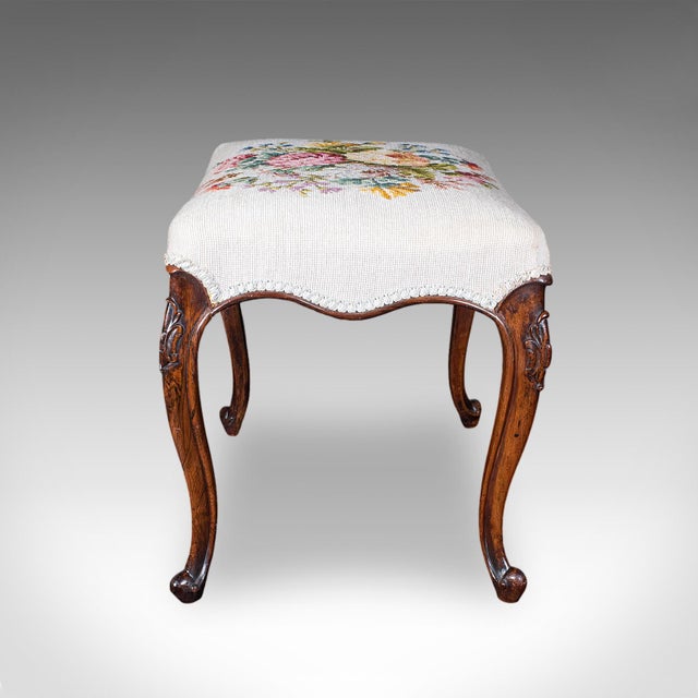 Victorian Antique Fireside Footstool, English, Needlepoint, Walnut, Stool, Early Victorian For Sale - Image 3 of 12