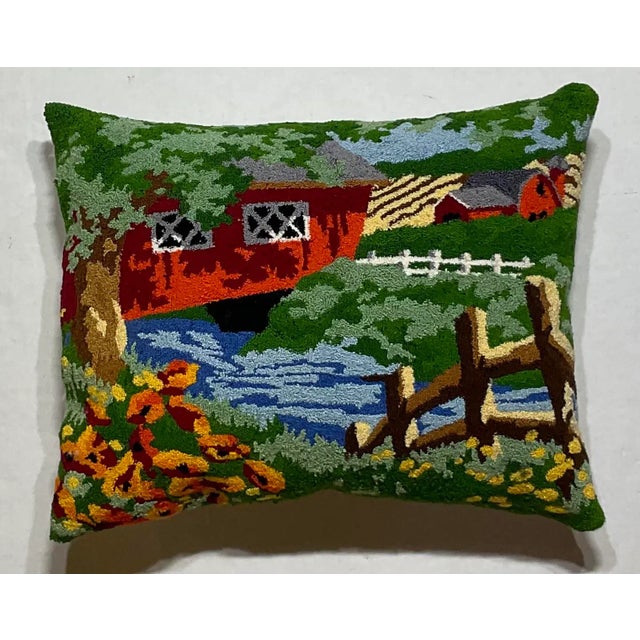 Elegant pillow tightly hand embroidered of a vivid landscape scenery, beautiful colors. Fresh insert, quality cotton backing