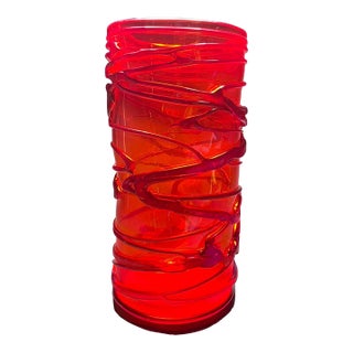 Murano Handblown Fire Red Glass Vase – Organic Cylindrical Form, Sculptural Statement Piece For Sale