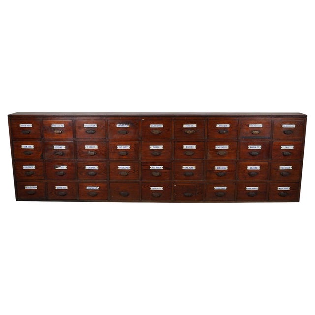 Large Belgian Pitch Pine Apothecary Cabinet with Enamel Shields, 1900s For Sale