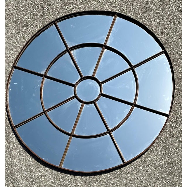 Vintage Round Wrought Iron Large Windowpane Mirror For Sale - Image 4 of 16