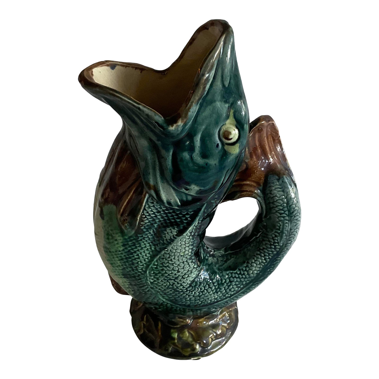 Antique English Majolica Gurgling Fish Jug, Chairish