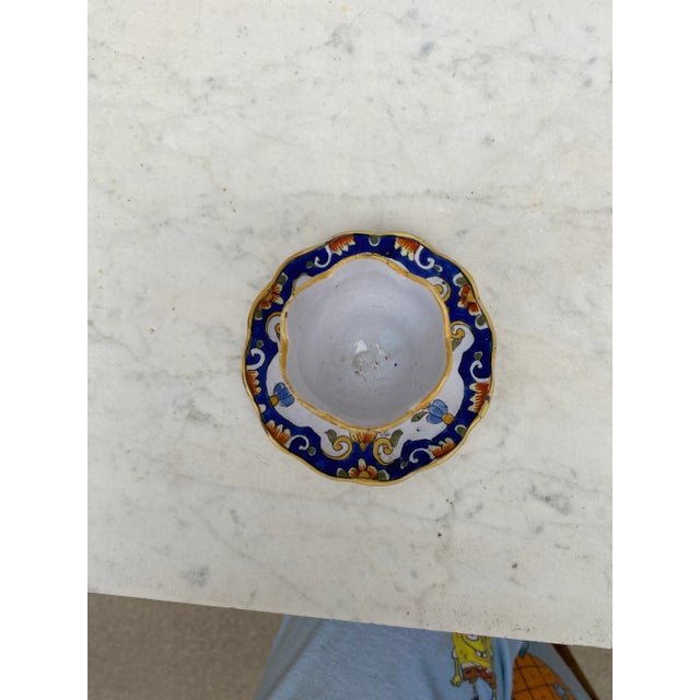 Rustic French Faience Egg cup circa 1900. Painted flowers pattern. Desvres or Quimper style.