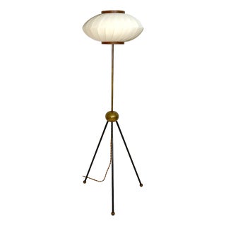 Brass Tripod Floor Lamp attributed to Svend Aage Holm Sørensen with Shade by Lars Eiler Schiøler, Denmark, 1960s For Sale