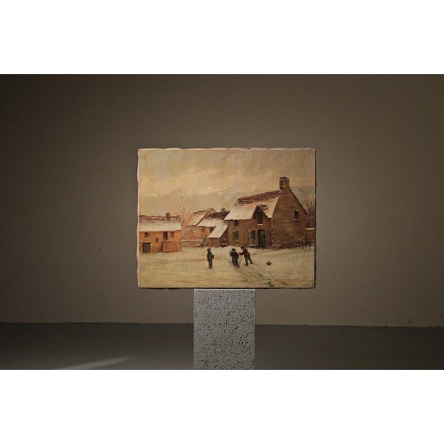 Children Playing in the Snow, Oil on Canvas, 1900 For Sale - Image 14 of 14