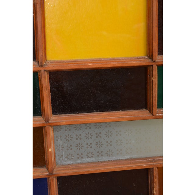Art / Stained Glass & Wood Window Panel / Color W/ Yellow & Blue Arches in Center For Sale - Image 16 of 17
