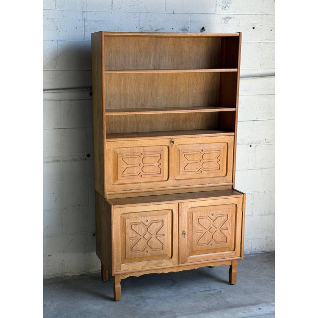 Brown Vintage Danish Oak Secretary Cabinet in Style of Henning Kjærnulf Scandinavian Bookcase Hutch For Sale - Image 8 of 9