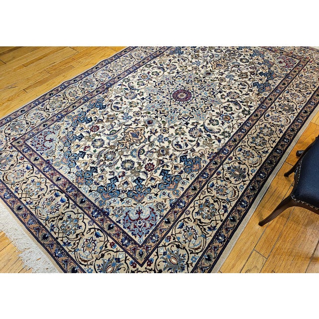 Vintage Persian Nain Area Rug, Hand-Knotted Wool & Silk, Floral Pattern, 7x11, Ivory & Blue For Sale - Image 9 of 12