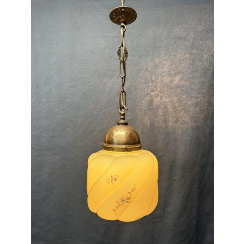 Metal Art Deco Floral Glass and Brass Pendant Lamp For Sale - Image 7 of 8