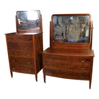 1900s English Hepplewhite Mahogany Inlaid Low & High Dressers With Mirrors Chests of Drawers For Sale