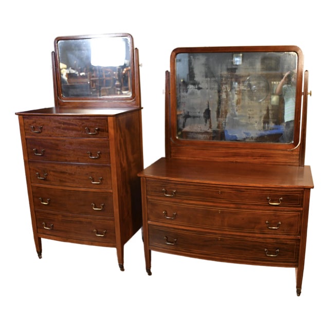 1900s English Hepplewhite Mahogany Inlaid Low & High Dressers With Mirrors Chests of Drawers For Sale