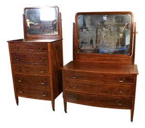 1900s English Hepplewhite Mahogany Inlaid Low & High Dressers With Mirrors Chests of Drawers