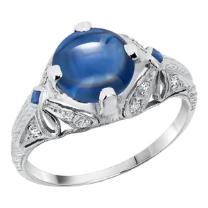 Vintage Gia Certified No Heat Round Cabochon Sapphire Engraved Diamond Platinum Ring Size 7
