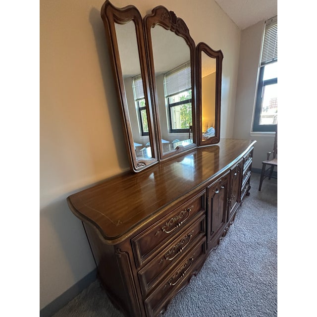 Brown Vintage Drexel Heritage Brittany Collection Louis XV French Provincial Double Dresser With Removable Trifold Mirror For Sale - Image 8 of 11