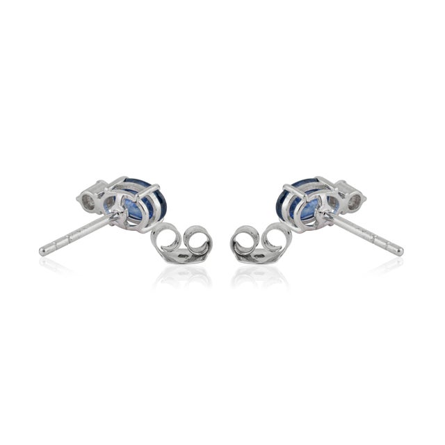 Blue Classic 1.11 Carat Blue Sapphire & Diamond Stud Earrings in 14k White Gold- A Pair For Sale - Image 8 of 14