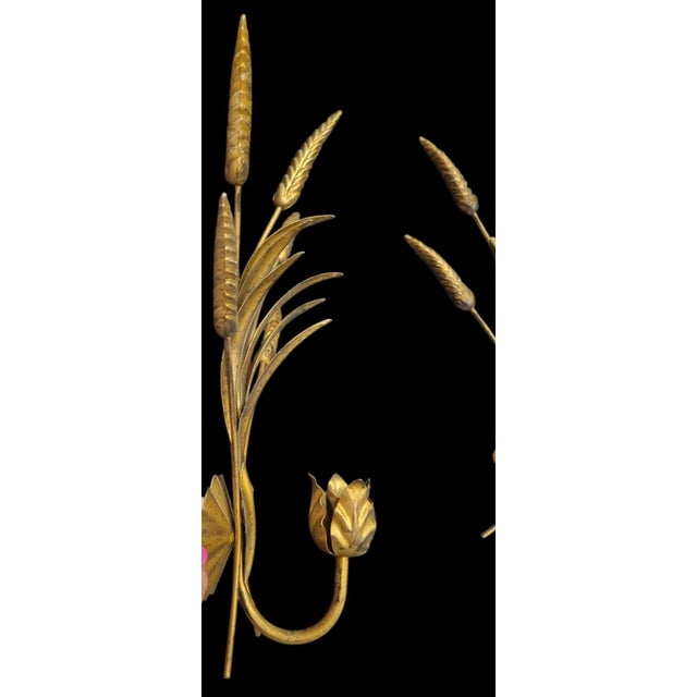 1980s Vintage Antique Gold Tole Sheaf of Wheat Metal Wall Candle Holders- A Pair For Sale - Image 5 of 7