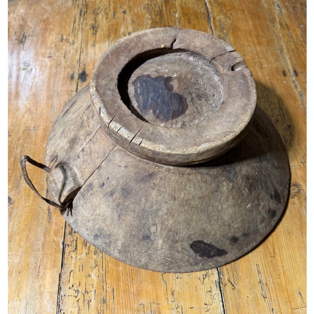 Wood Antique Primitive Hand-Carved Wooden Bowl With Original Hanging Handle and Folk Art Repairs For Sale - Image 7 of 12