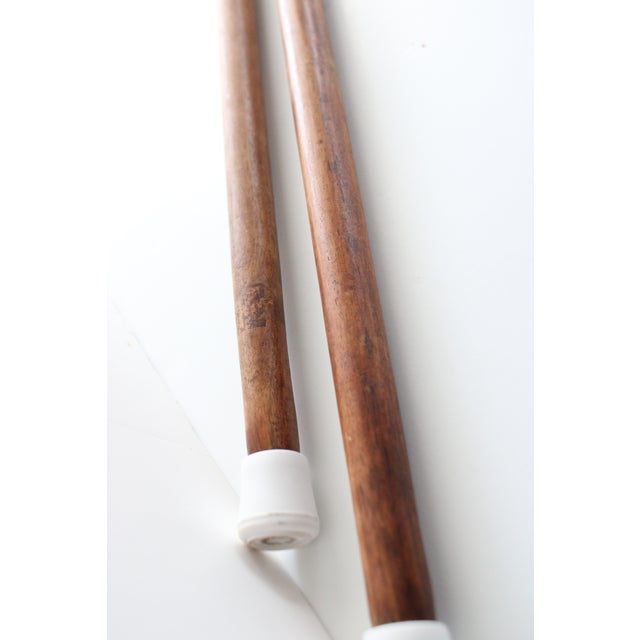 English Vintage Carved Hardwood & Brass Walking Sticks S/2 For Sale - Image 4 of 4