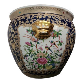 Mid 20th Century Chinese Export Rose Canton Koi Fish Bowl With Shishi Dog Handles Planter, Large For Sale