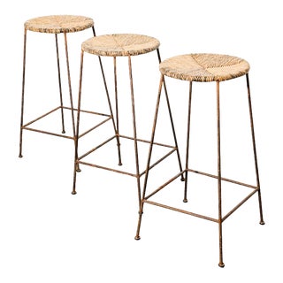 Modernist Iron and Rush Bar Stools For Sale