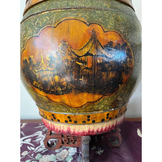 Wood Antique Chinese Wood Rice Barrel & Double Happiness Stand - 19th C. Qing - 18" For Sale - Image 7 of 15
