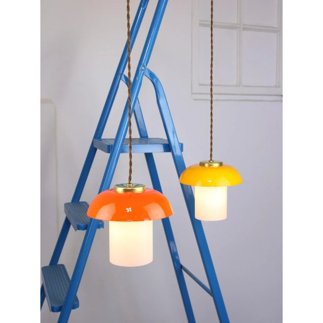 Mid-Century Glass and Brass Mushroom Pendant Lamps, Set of 2 For Sale - Image 10 of 12